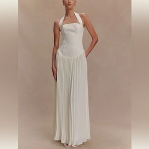 Meshki Stacie Ivory Pleated Halter Maxi Dress